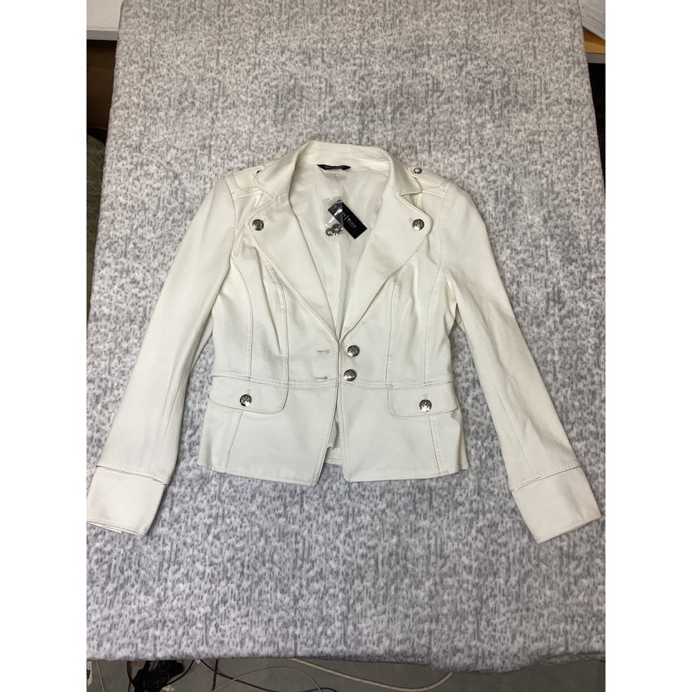 White House Black Market Ecru White Military Blazer Silver Crest Buttons Size 8